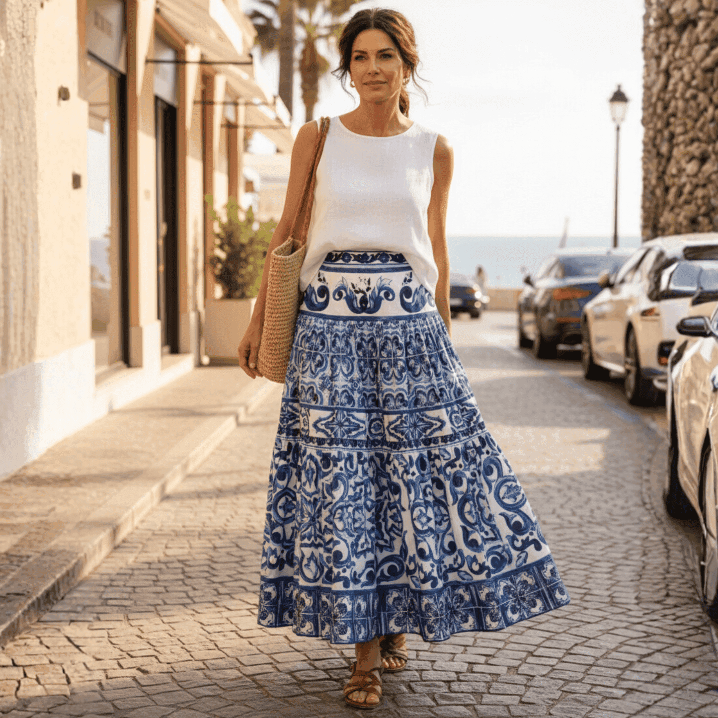 Woman in a white top and blue and white Majolica print cotton maxi skirt walking on a cobblestone street.