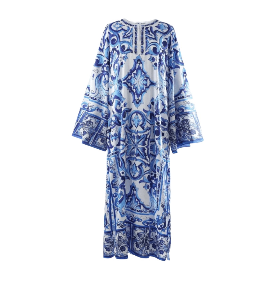 Blue and white patterned maxi dress with long sleeves and intricate tile designs, perfect for warm-weather occasions.