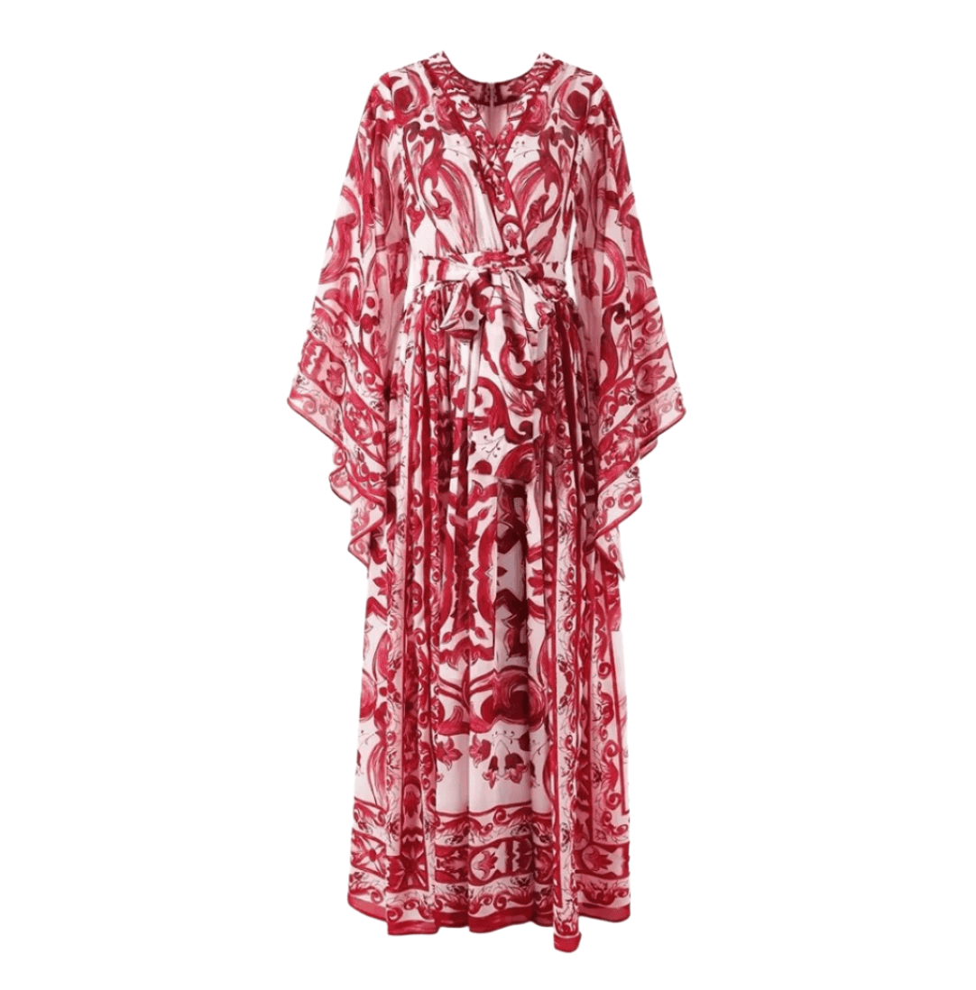 Red patterned maxi dress with kimono sleeves and a belted waist, perfect for summer occasions.