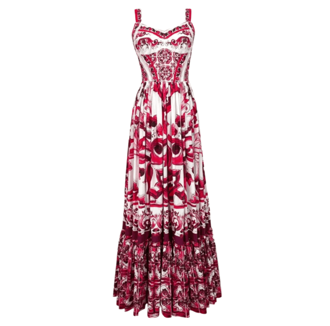Red and white floral maxi dress with delicate straps and ruffled hem, made from lightweight, breathable fabric.