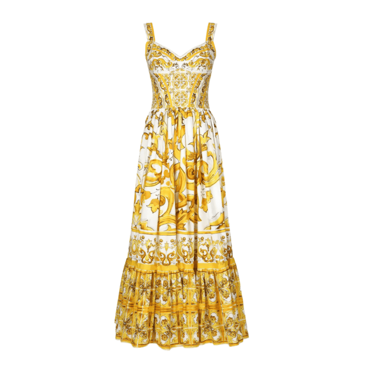 Yellow and white floral maxi dress with a fitted bodice and tiered skirt, perfect for summer outings.