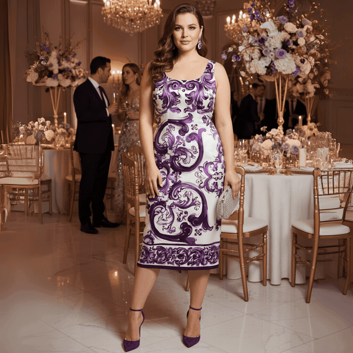 Elegant purple and white floral print dress, satin fabric, fitted silhouette, perfect for evening events.