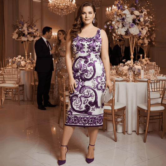Elegant purple and white floral print dress, satin fabric, fitted silhouette, perfect for evening events.
