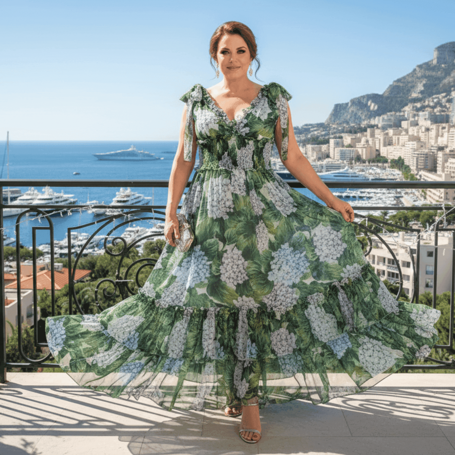 Floral maxi dress in green and white, featuring ruffled sleeves and a tiered skirt, perfect for summer events.