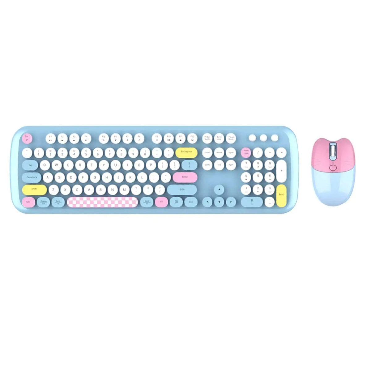 Pastel blue wireless keyboard with colorful round keys, a pink checkerboard spacebar, and a pink and blue cat-ear mouse.