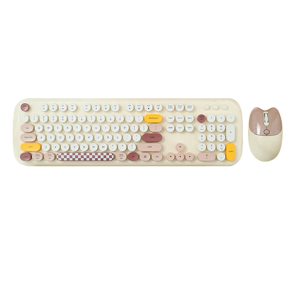 Wireless keyboard and mouse combo in cream and pink, featuring round keys, a checkered spacebar, and cat-ear mouse.