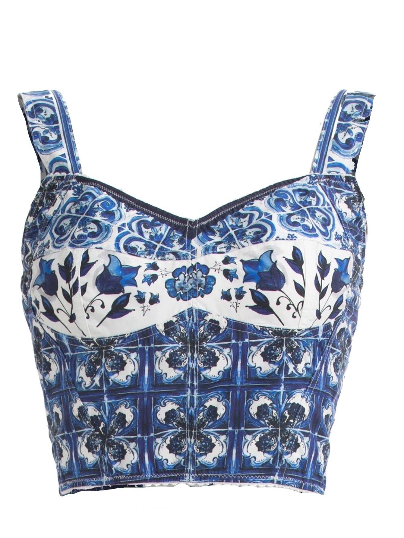 Blue and white cotton corset-style top featuring a traditional Mediterranean Majolica tile and floral print.