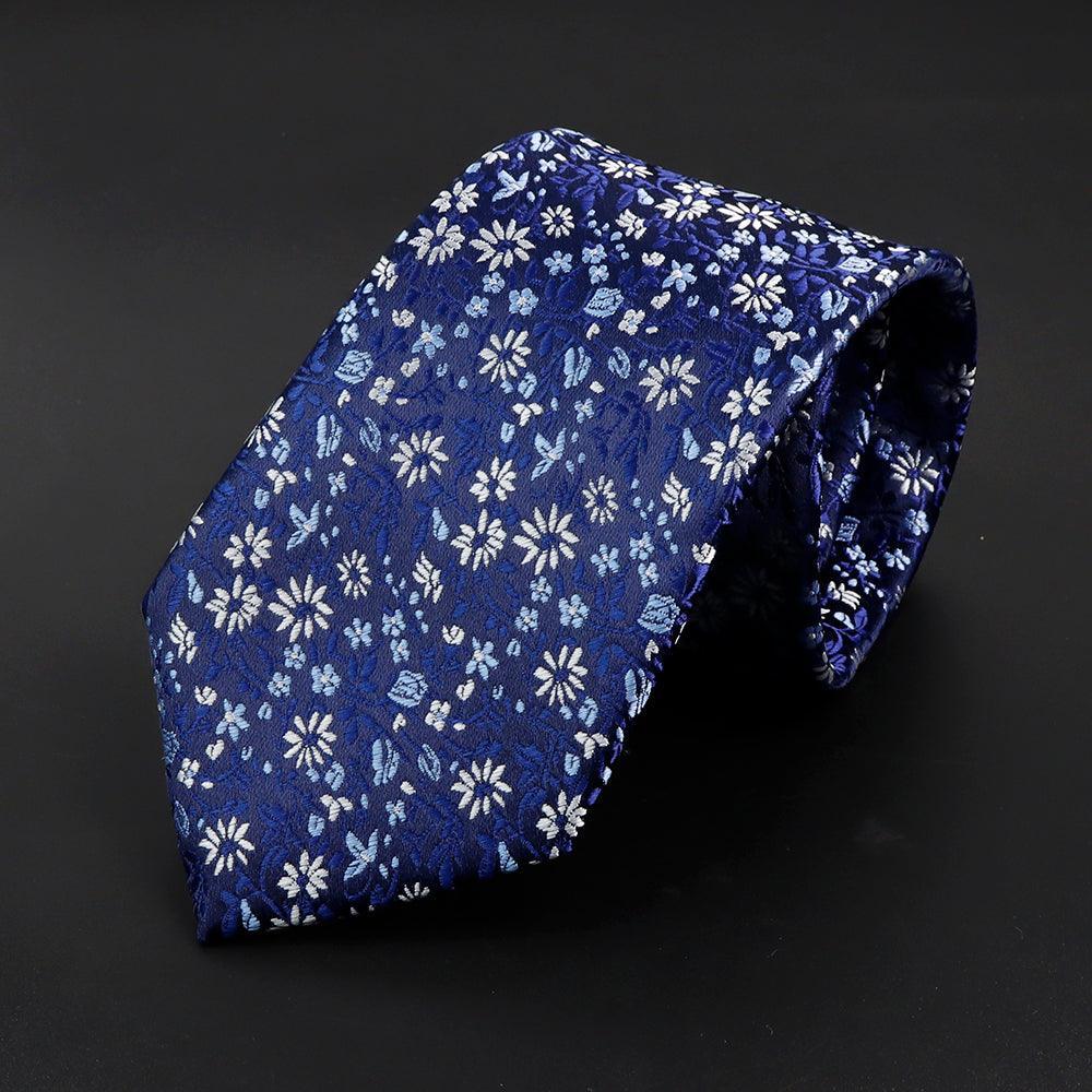 Margaritas · corbata azul brillante con flores blancas