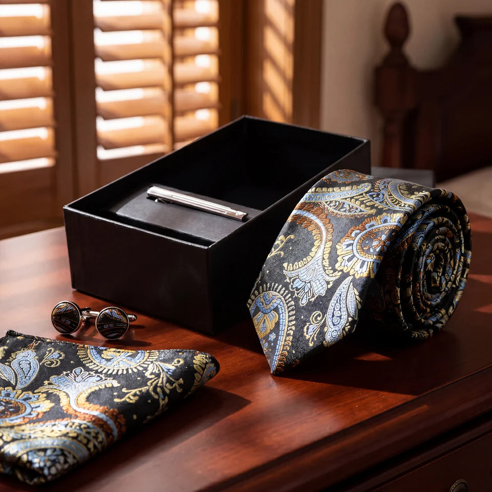 Marseille · conjunto de corbata con estampado paisley azul y dorado con pañuelo, gemelos y pasador