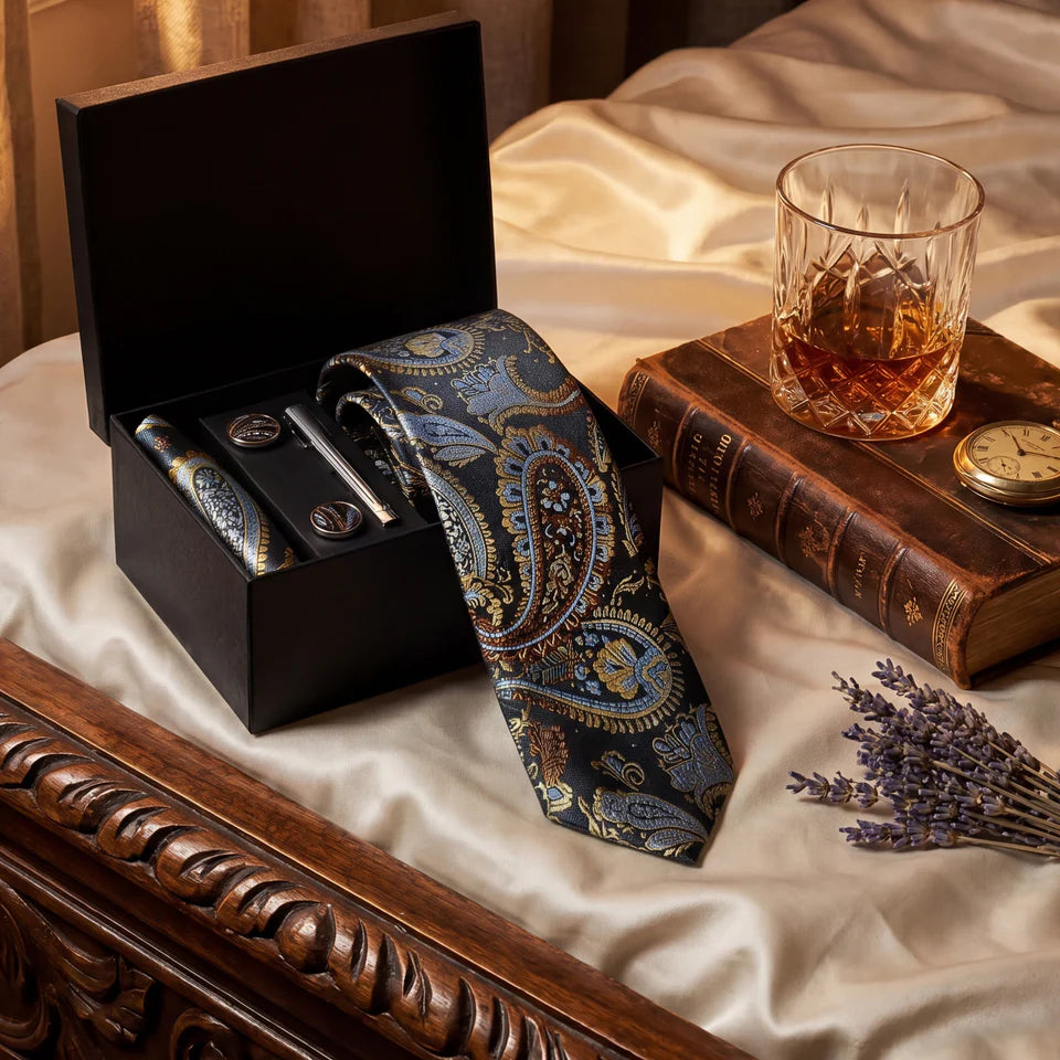 Marseille · conjunto de corbata con estampado paisley azul y dorado con pañuelo, gemelos y pasador