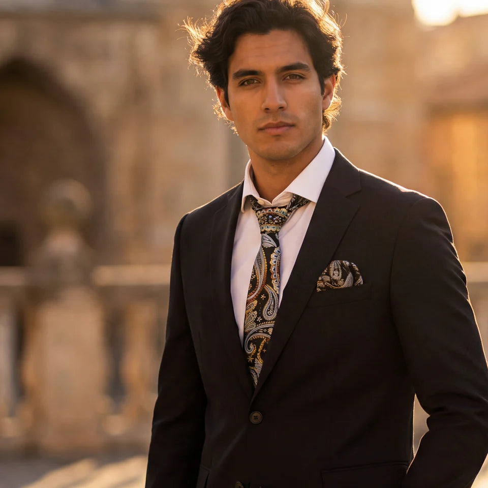 Marseille · conjunto de corbata con estampado paisley azul y dorado con pañuelo, gemelos y pasador