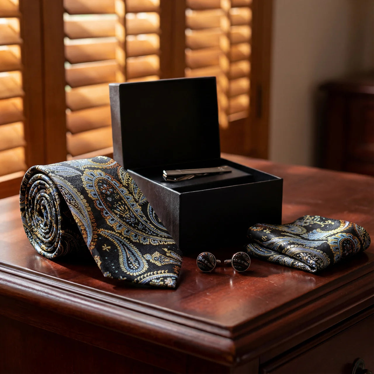 Marseille · conjunto de corbata con estampado paisley azul y dorado con pañuelo, gemelos y pasador