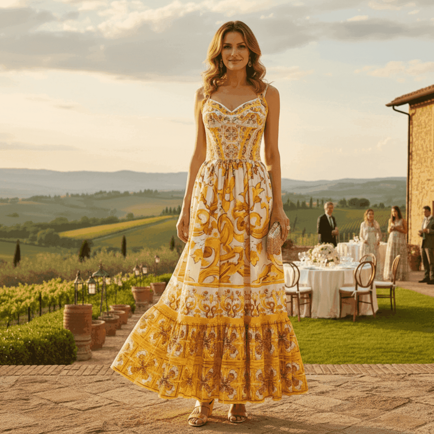 Yellow floral maxi dress with a lace bodice and tiered skirt, perfect for outdoor summer events. Elegant and vibrant.