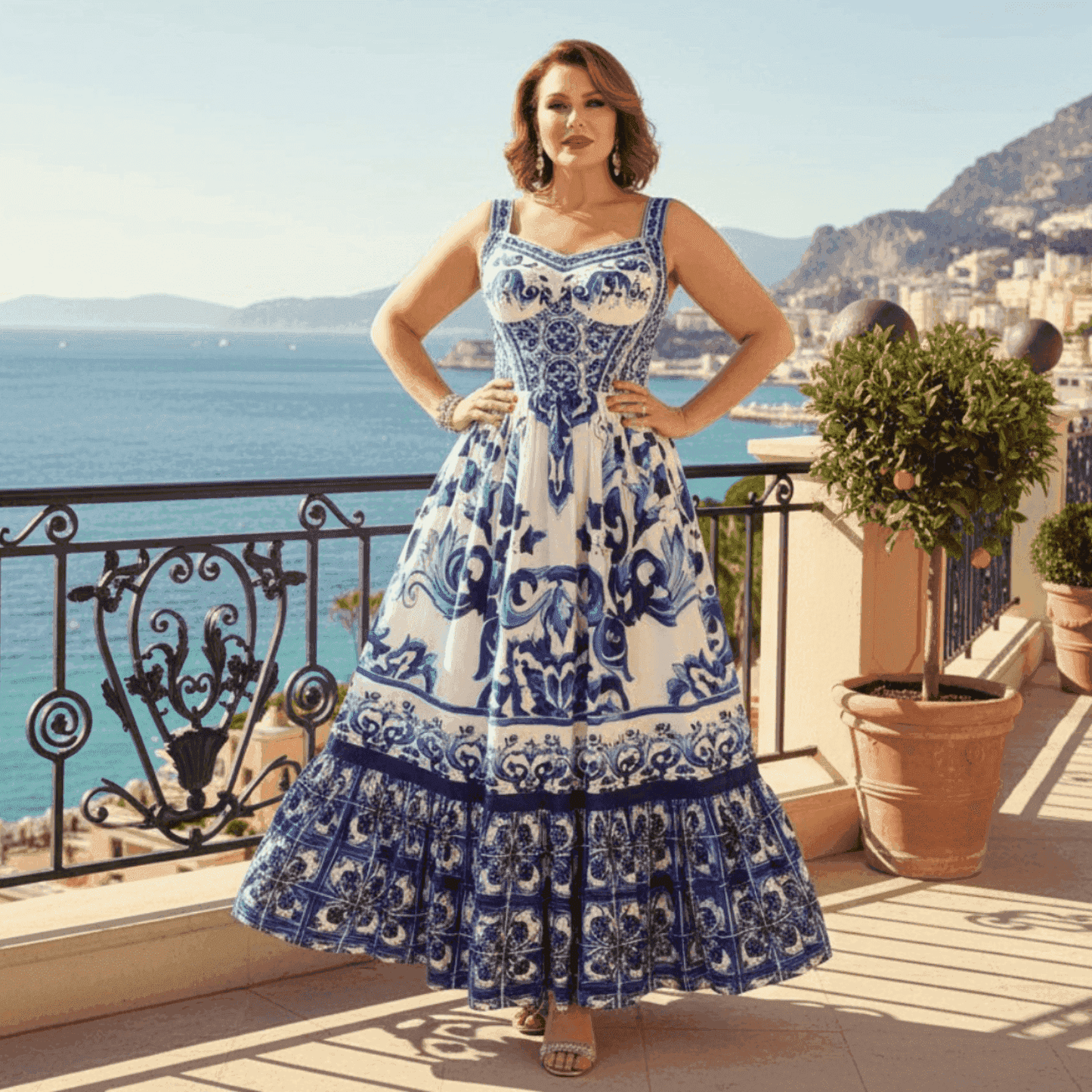 Blue and white floral print maxi dress with a ruffled hem, perfect for summer occasions by the sea.