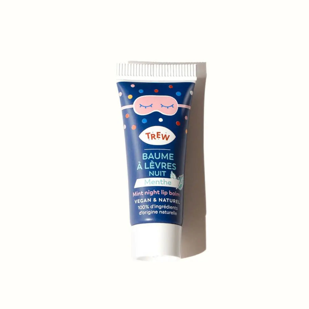 Tube bleu marine Trew Cosmetic, imprimé confettis, illustration de masque de nuit rose, bouchon blanc, format baume.