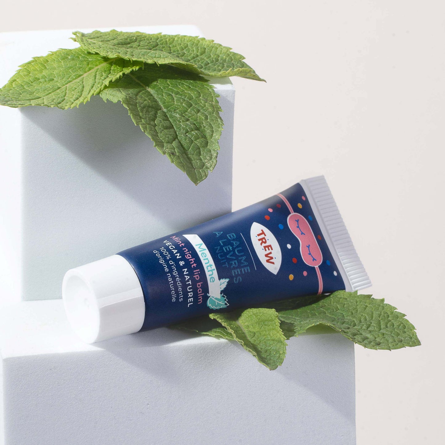 Tube de masque lèvres Trew bleu marine, posé sur des cubes blancs avec des feuilles de menthe fraîches.