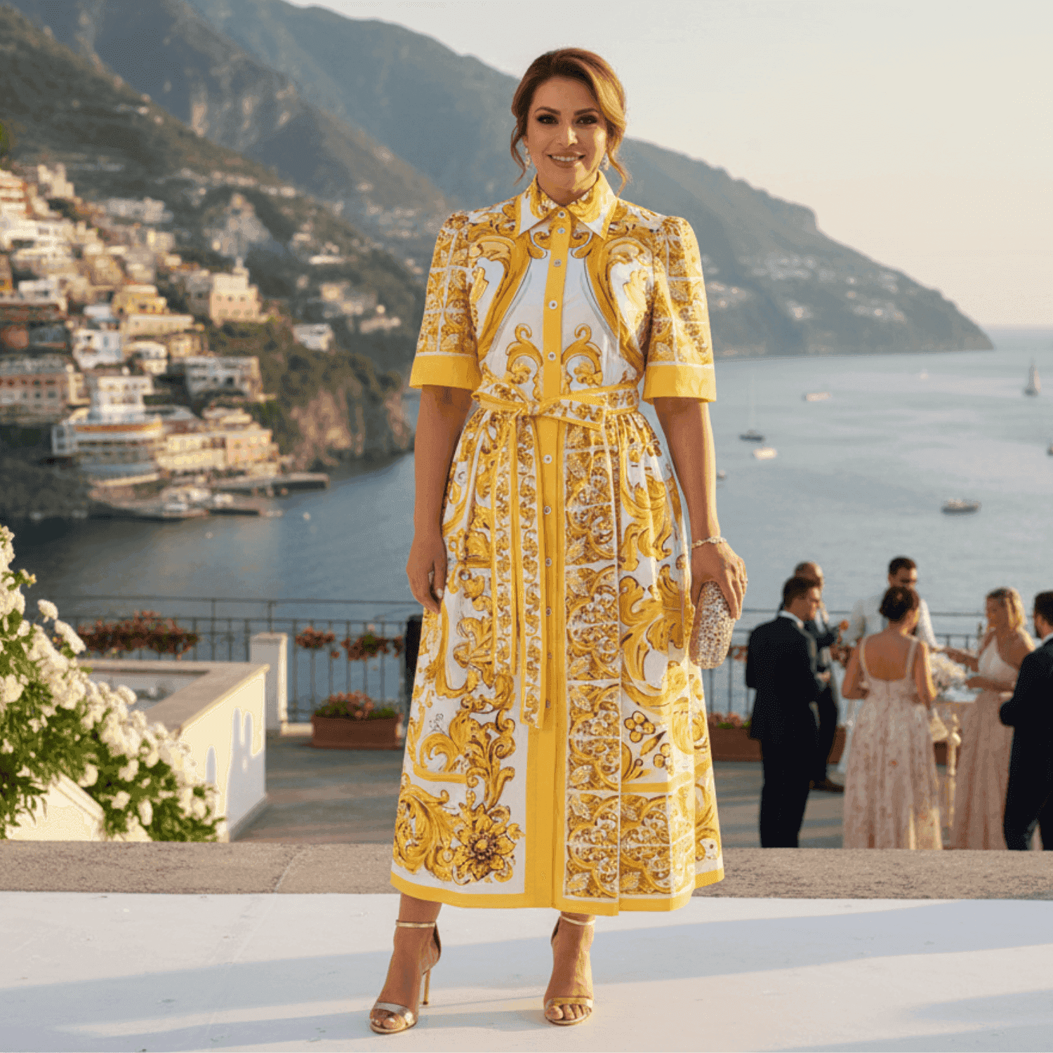 Yellow floral print maxi dress with puff sleeves and belt, perfect for summer events against a scenic coastal backdrop.