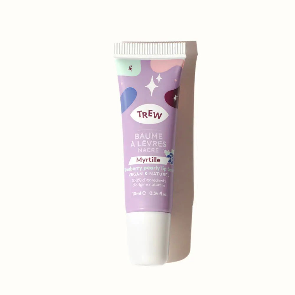 Lavender tube of TREW blueberry pearly lip balm with playful abstract shapes and sparkle icons on a white background.
