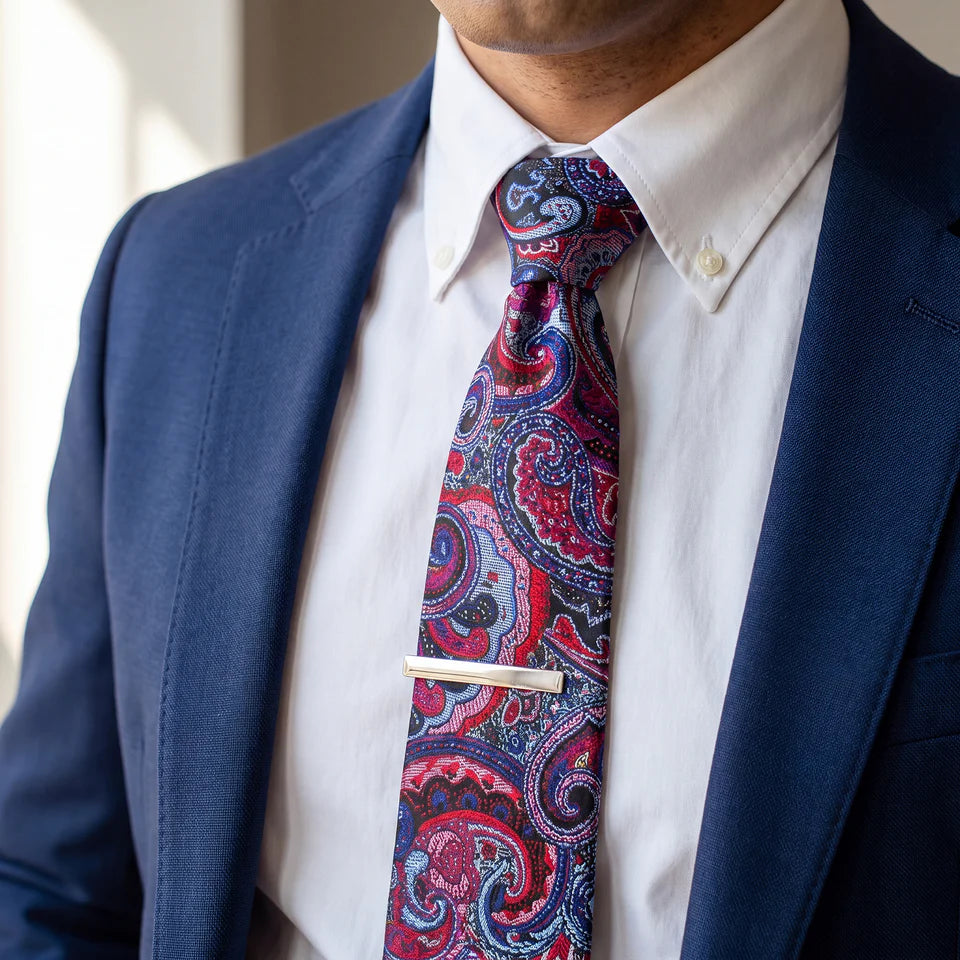 Narbonne · conjunto de corbata con estampado paisley azul y morado con pañuelo, gemelos y pasador