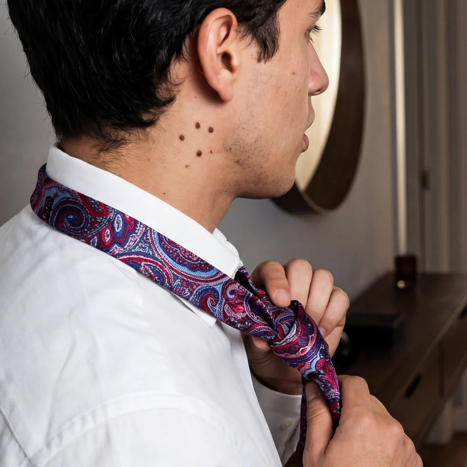 Narbonne · conjunto de corbata con estampado paisley azul y morado con pañuelo, gemelos y pasador