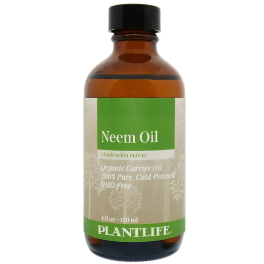 Amber glass bottle of Plantlife organic Neem oil with a white and green label, isolated on a white background.
