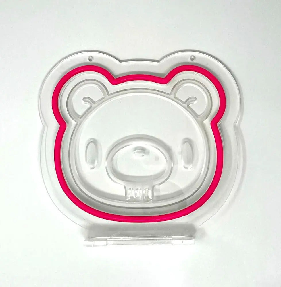 Gloomy Bear-shaped acrylic desk lamp featuring a bright pink neon outline on a clear, transparent stand.