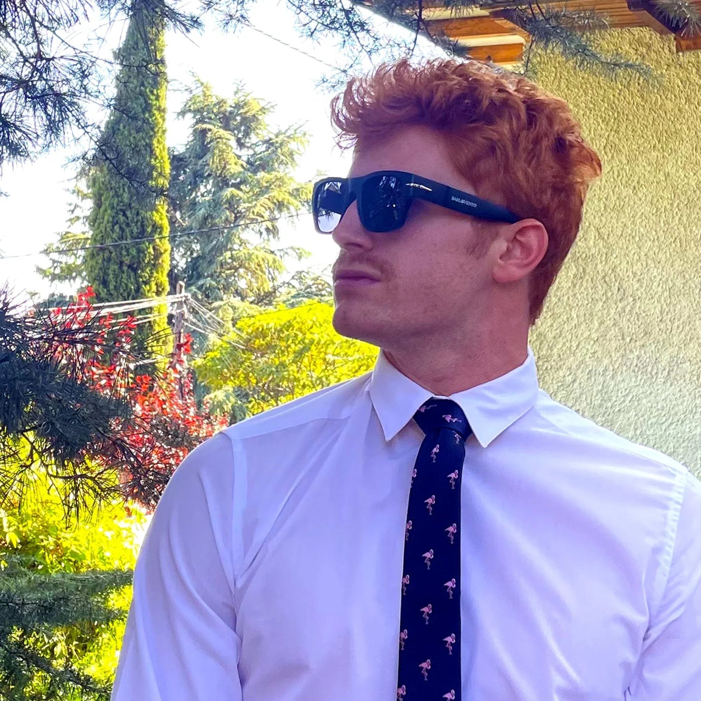 Hombre pelirrojo con camisa blanca y gafas de sol negras luciendo corbata azul marino con estampado de flamencos rosas en exterior soleado