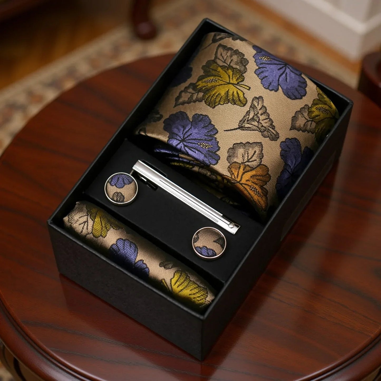 Otoño · conjunto de corbata floral con pañuelo, gemelos y pasador