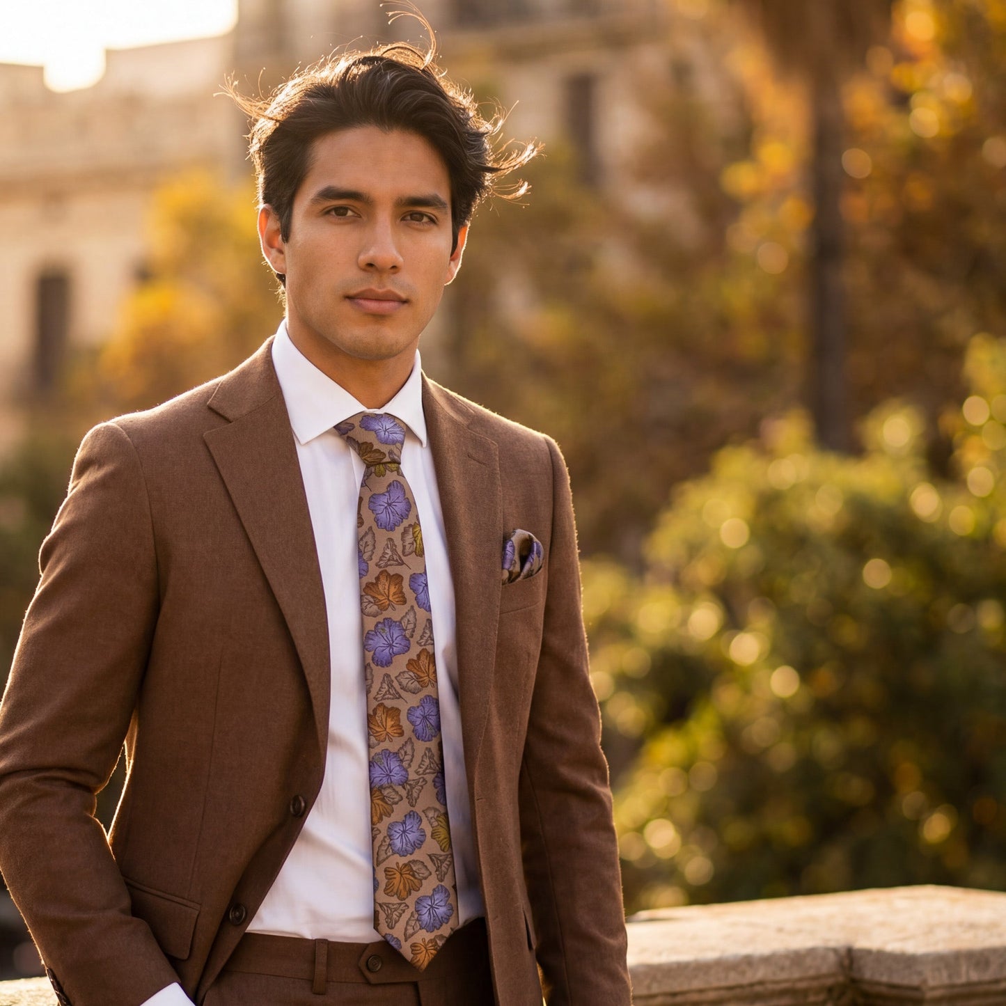 Otoño · conjunto de corbata floral con pañuelo, gemelos y pasador