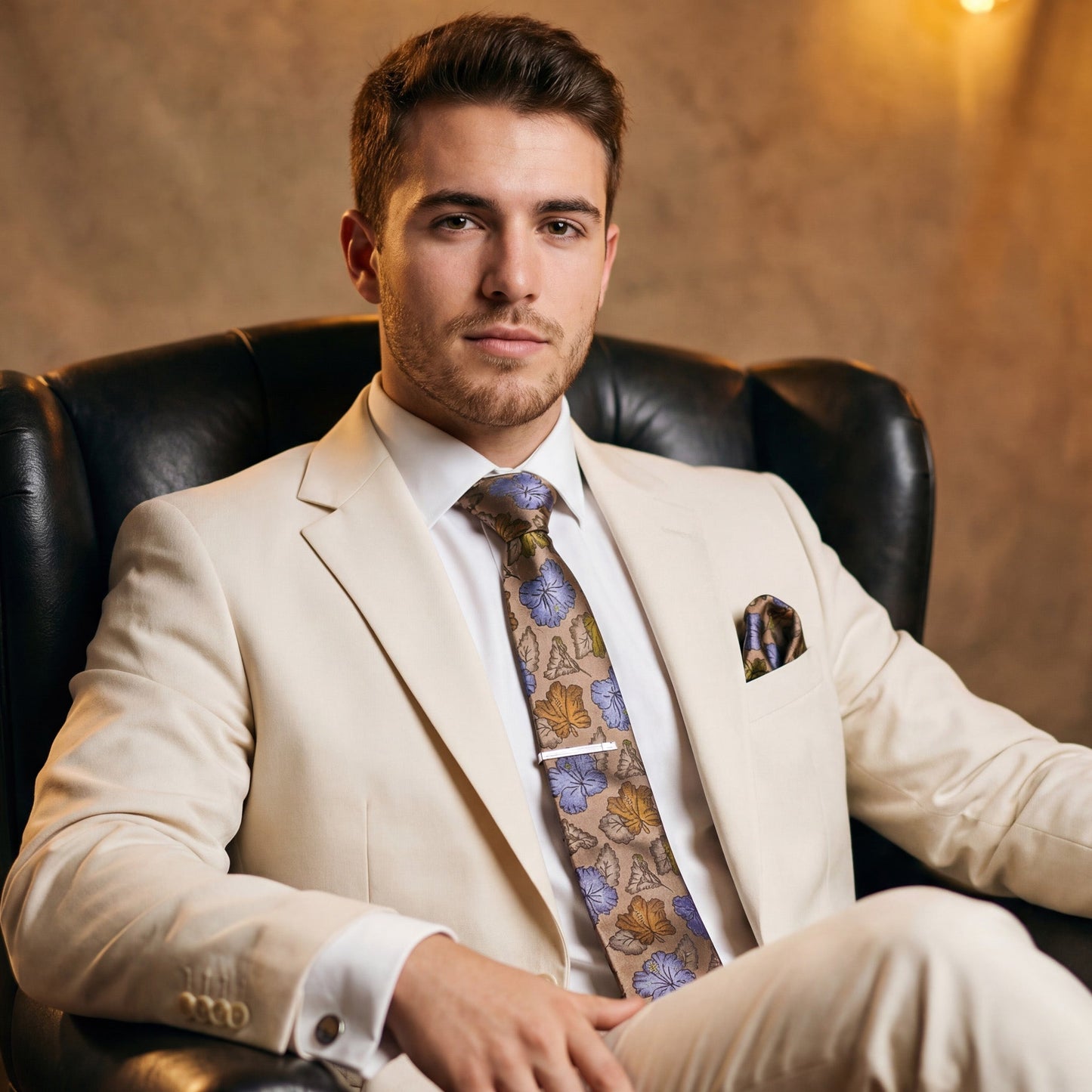 Otoño · conjunto de corbata floral con pañuelo, gemelos y pasador