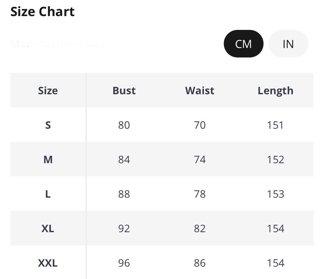 Size chart for women’s dresses in cm, featuring S to XXL with measurements for bust, waist, and length adjustments.