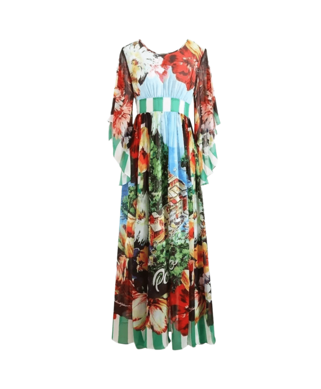 Colorful floral maxi dress with ruffled sleeves, featuring blue, green, and vibrant floral patterns. Perfect for summer.