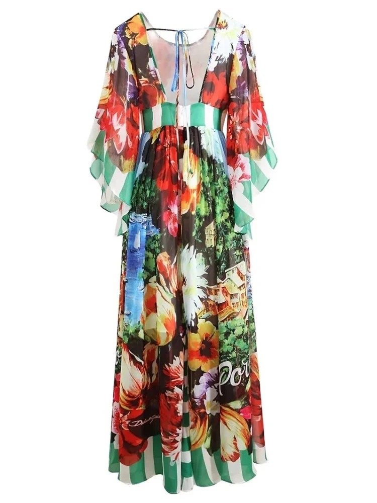 Floral maxi dress with green stripes, sheer sleeves, and vibrant mixed colors, perfect for summer occasions.