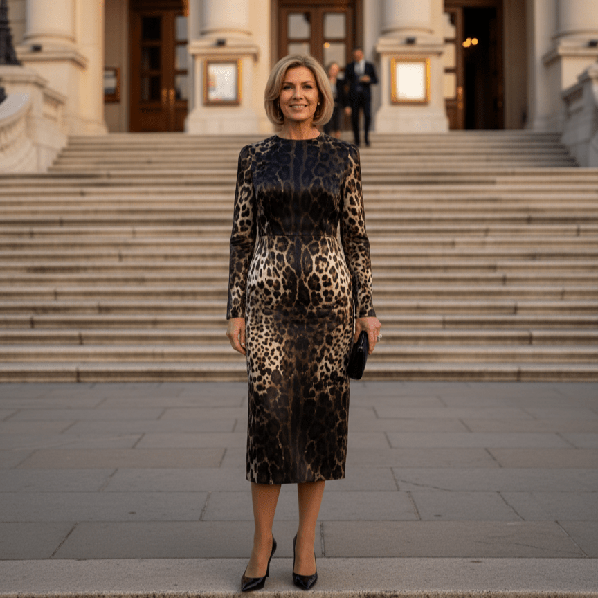 Elegant leopard print midi dress in black and gold, featuring long sleeves, tailored fit, paired with black heels.