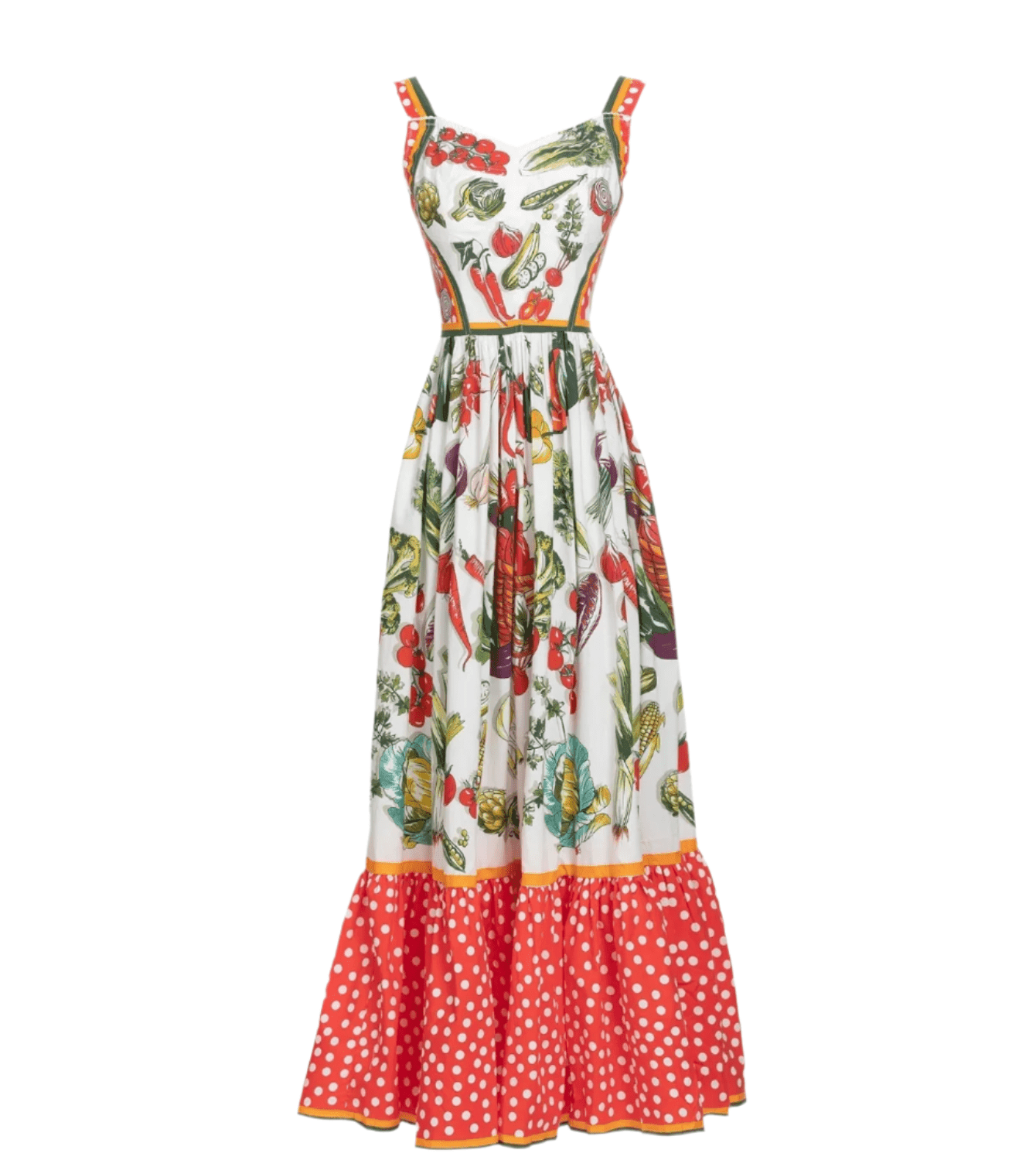 Colorful floral print maxi dress with red polka dot skirt and vibrant yellow trim. Elegant summer fashion for women.