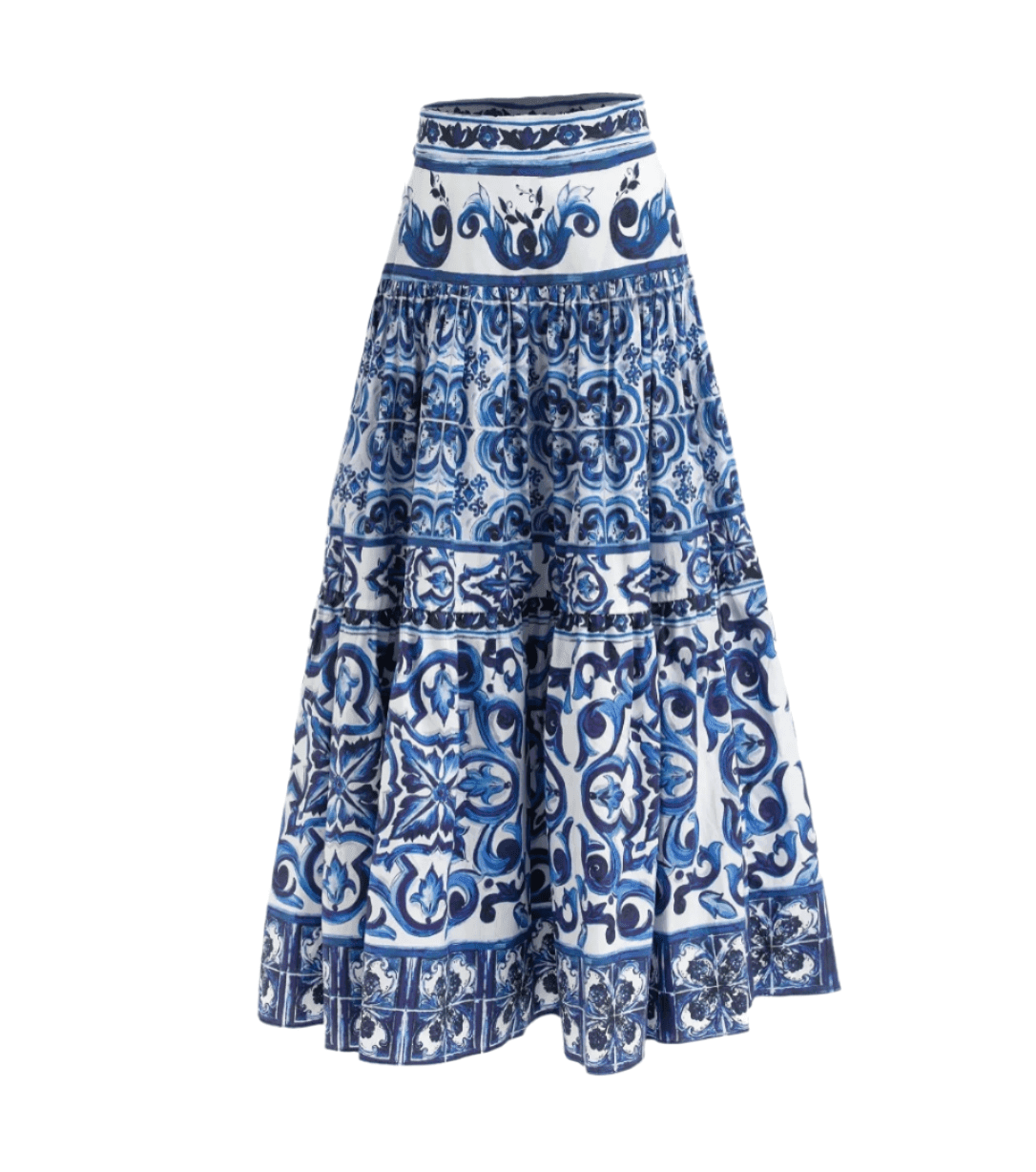 High-waisted cotton maxi skirt with blue and white Majolica porcelain-inspired floral and scrollwork tile prints.