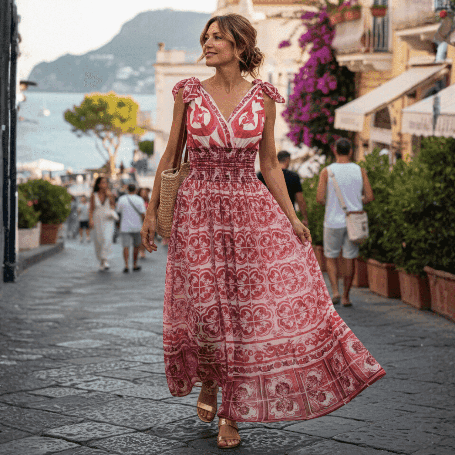 Red and white floral maxi dress with tie straps, featuring a smocked waist, perfect for summer outings.
