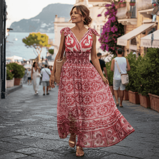 Red and white floral maxi dress with tie straps, featuring a smocked waist, perfect for summer outings.