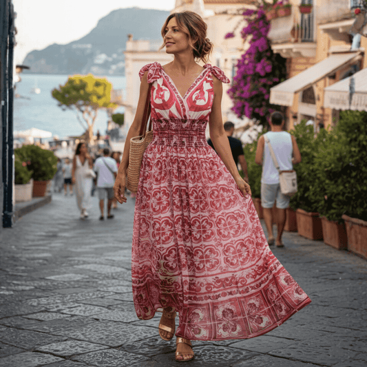 Red and white patterned maxi dress with shoulder ties, perfect for summer, featuring a flattering smocked waist.