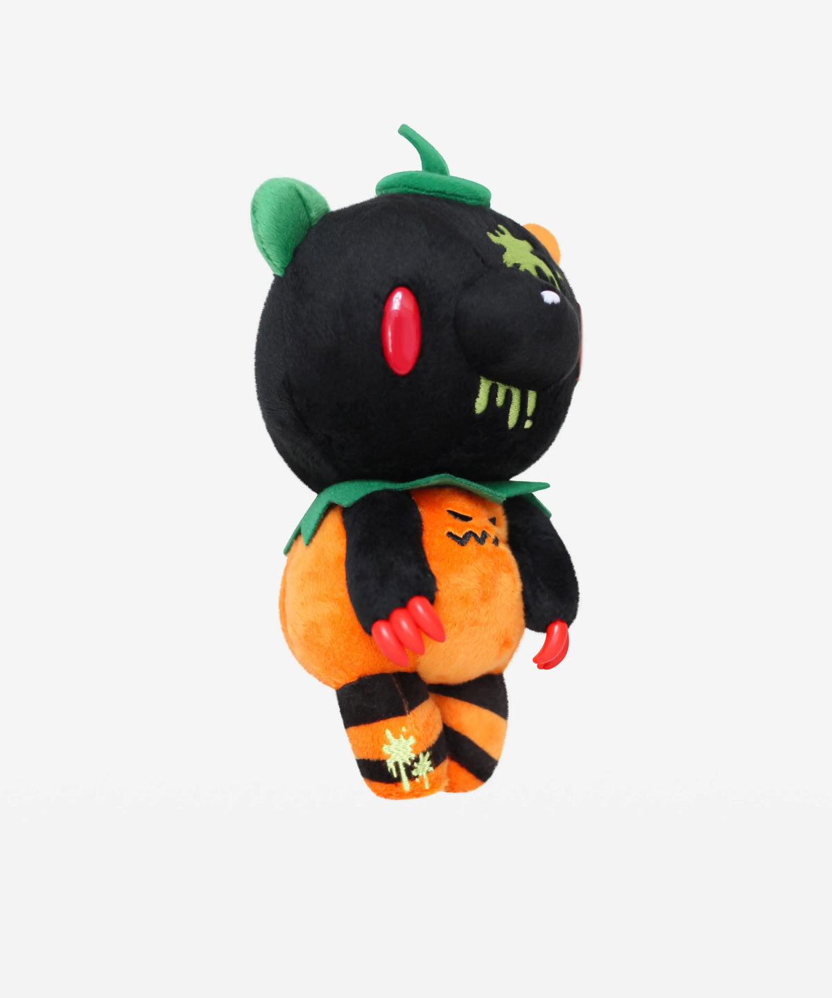 8" plush Gloomy Bear wearing a pumpkin costume with black and orange stripes, red claws, and green spooky details.
