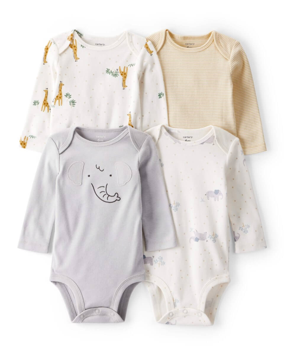 Pack cuatro bodies de algodón manga larga con estampado safari