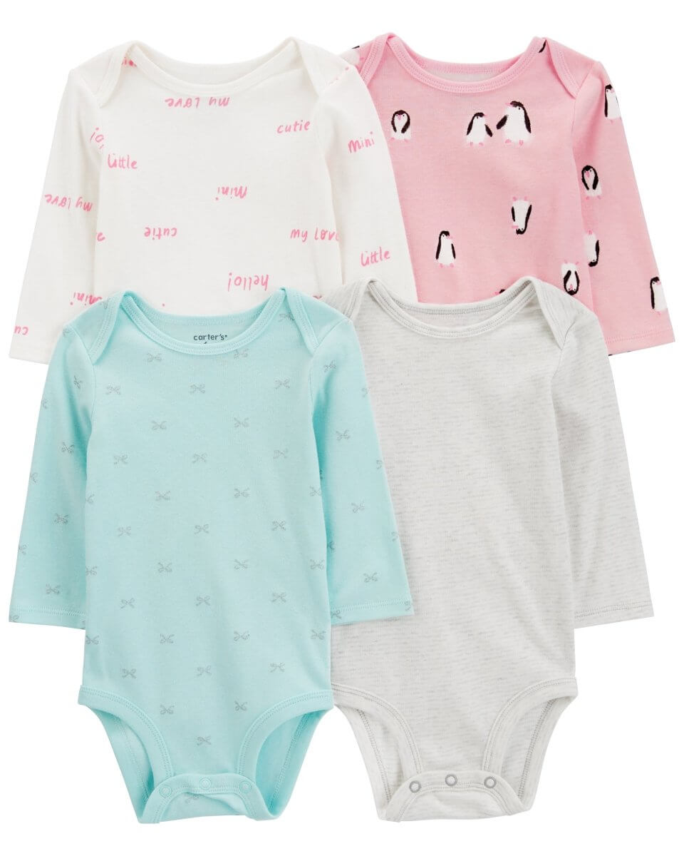 Pack cuatro bodies manga larga con corazones, rayas y lunares