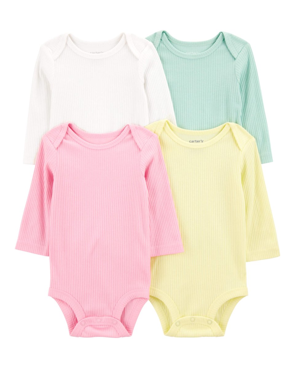 Pack de cuatro bodies de manga larga de canalé en colores del arcoíris