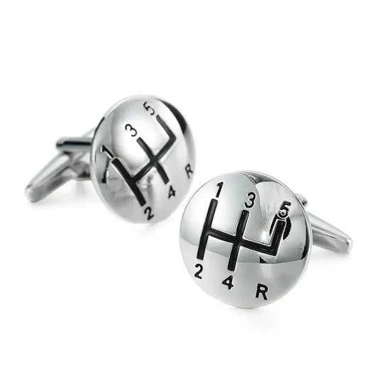 Gemelos para amantes de los coches, gemelos plateados con diseño de palanca de cambios.