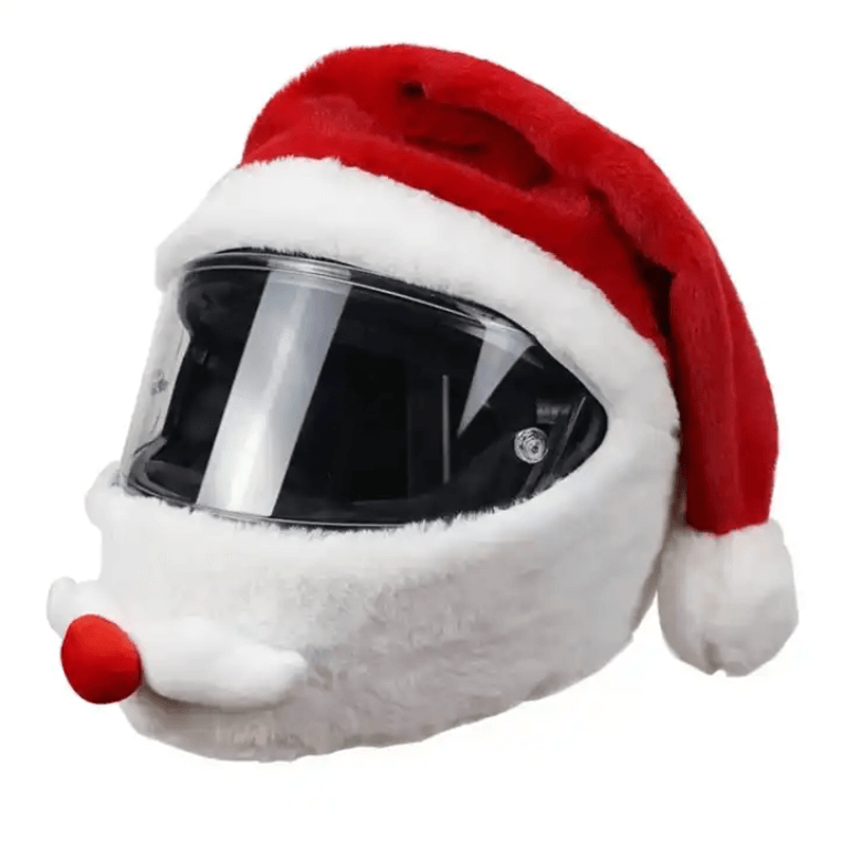 Funda casco papá noel, casco de moto decorado con gorro de Santa Claus y barba blanca, ideal para eventos navideños.