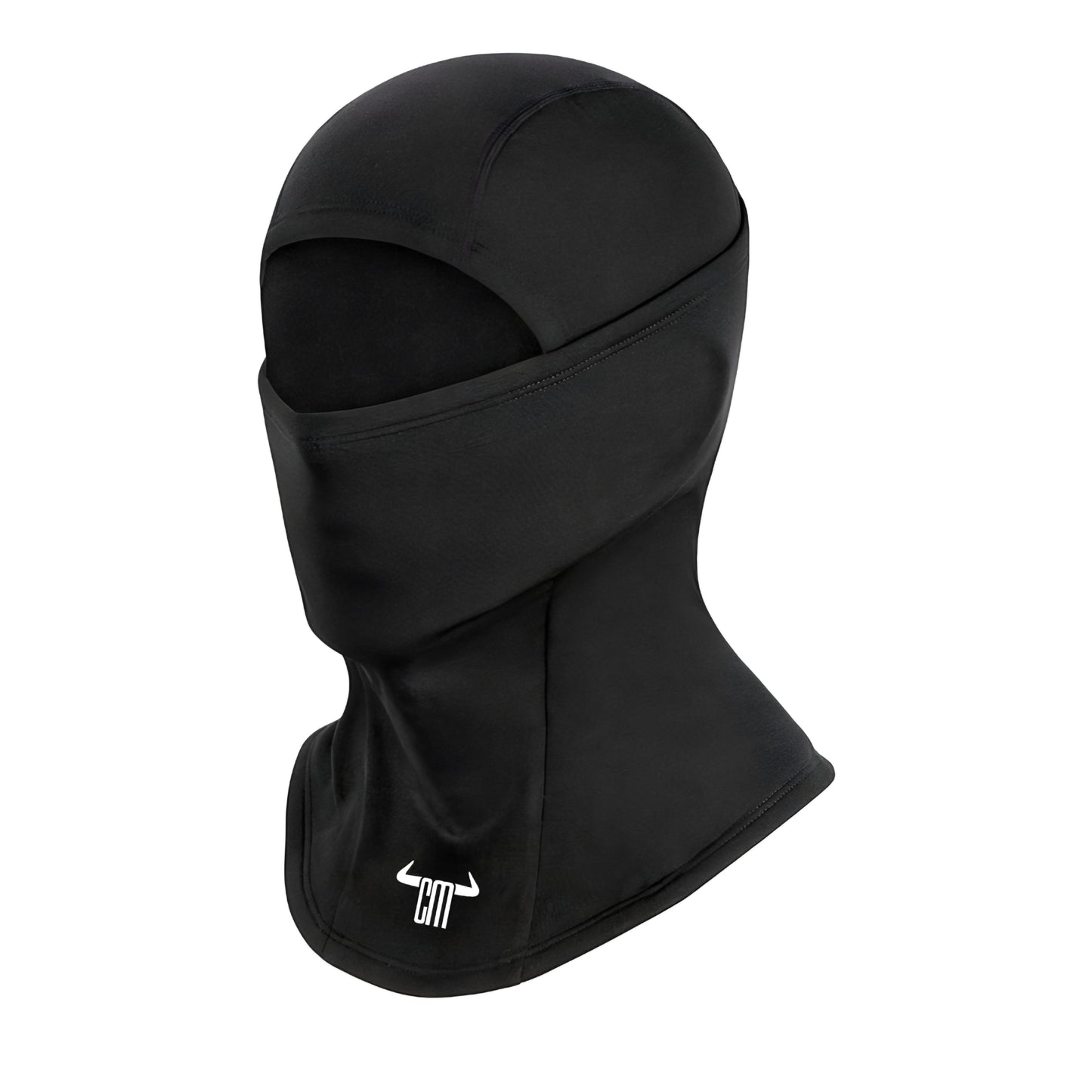 Black balaclava mask made of soft, breathable fabric, ideal for outdoor activities and cold weather protection.