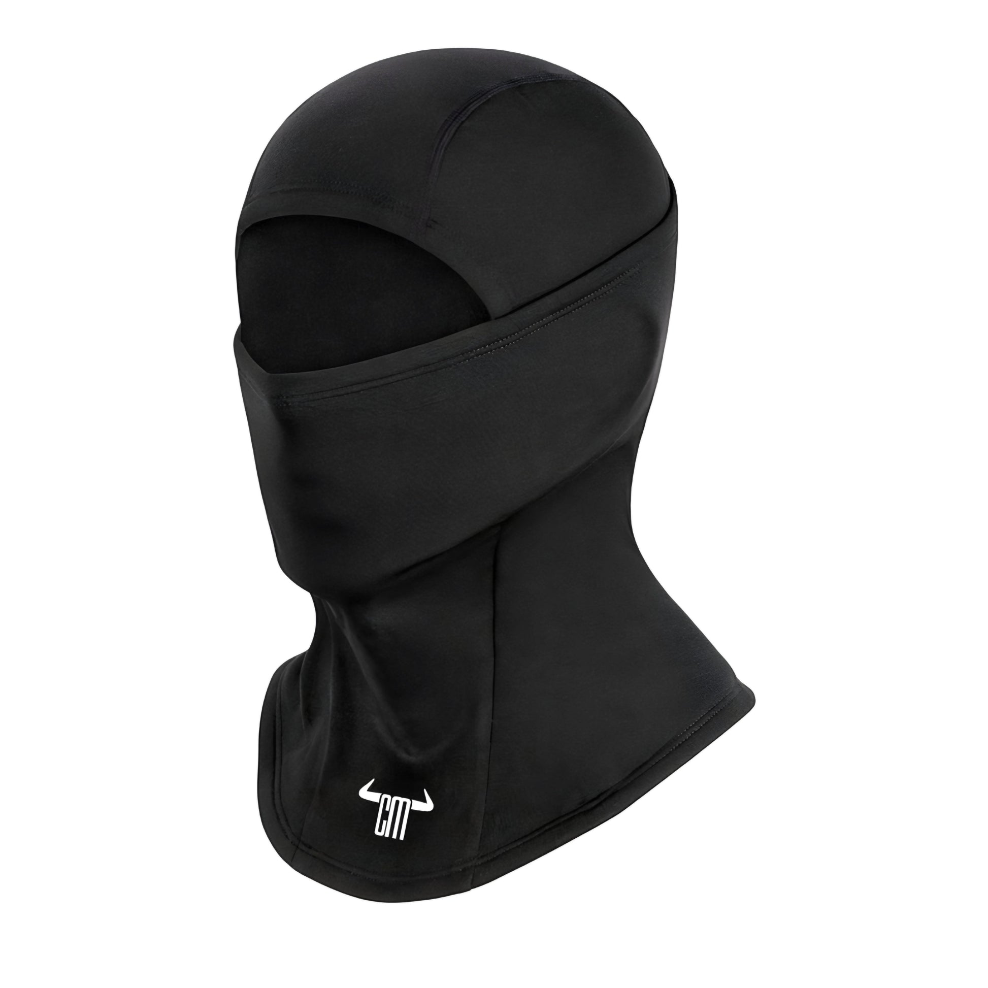 Black balaclava mask made of soft, breathable fabric, ideal for outdoor activities and cold weather protection.