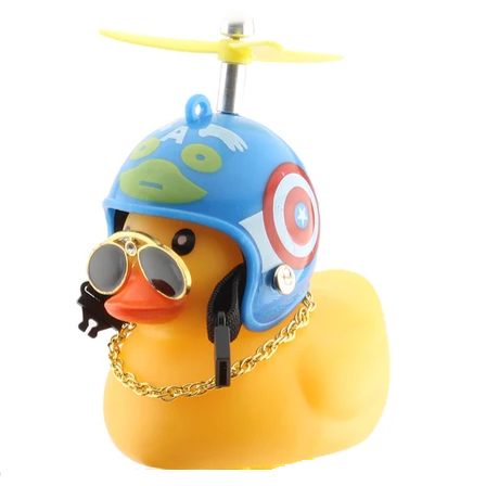 Fun yellow rubber duck wearing a blue propeller helmet, sunglasses, and a gold chain, perfect for playful decor.