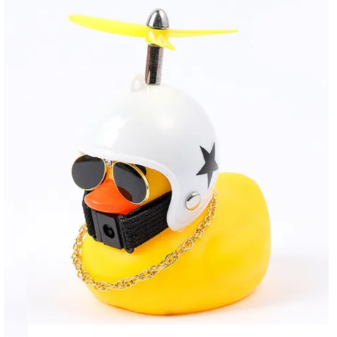 Cool yellow rubber duck with a white helmet, sunglasses, gold chain, and a spinning propeller. Perfect for unique decor!