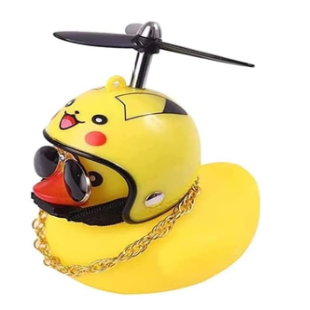 Yellow Pikachu-themed rubber duck with sunglasses, a motorcycle helmet, and chain accessories. Perfect for playful decor.